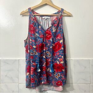 Rose + Olive Floral Sleeveless Boho Top Sze XL Tassel Festival Feminine Blue Red